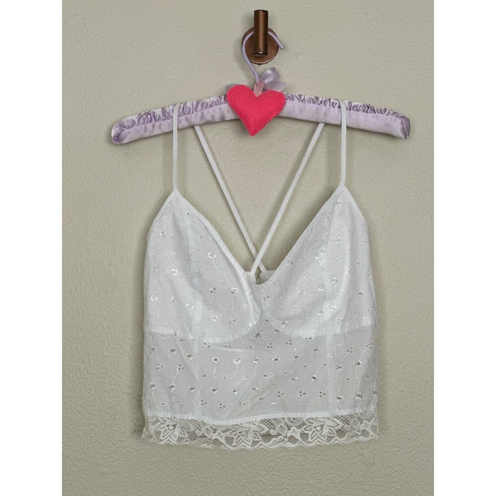 Handmade White Eyelet Lace Tank Top w Lace Trim Coquette Ruched Back - Picture 2 of 6